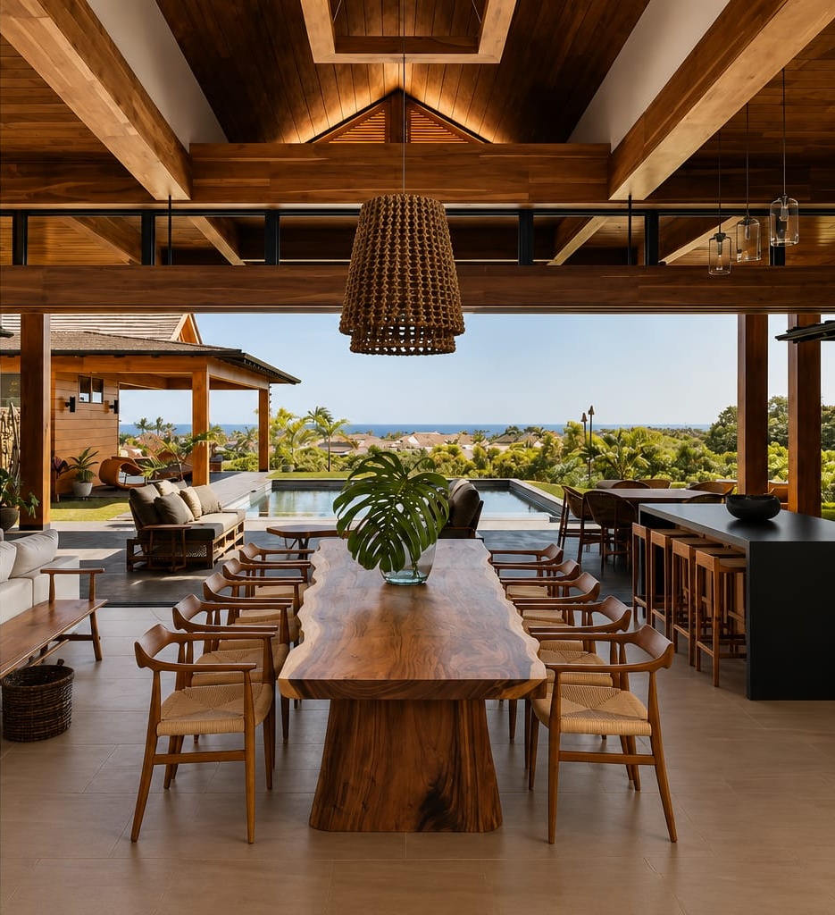 Open-air tropical dining space with handcrafted teak table and woven pendant lamps