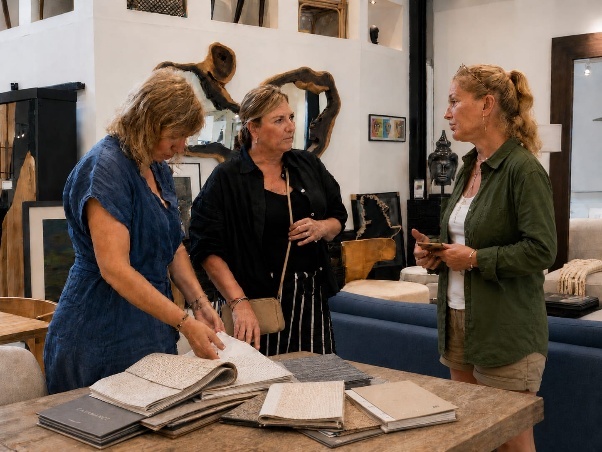Michelle reviewing fabric samples and materials with artisans in the studio
