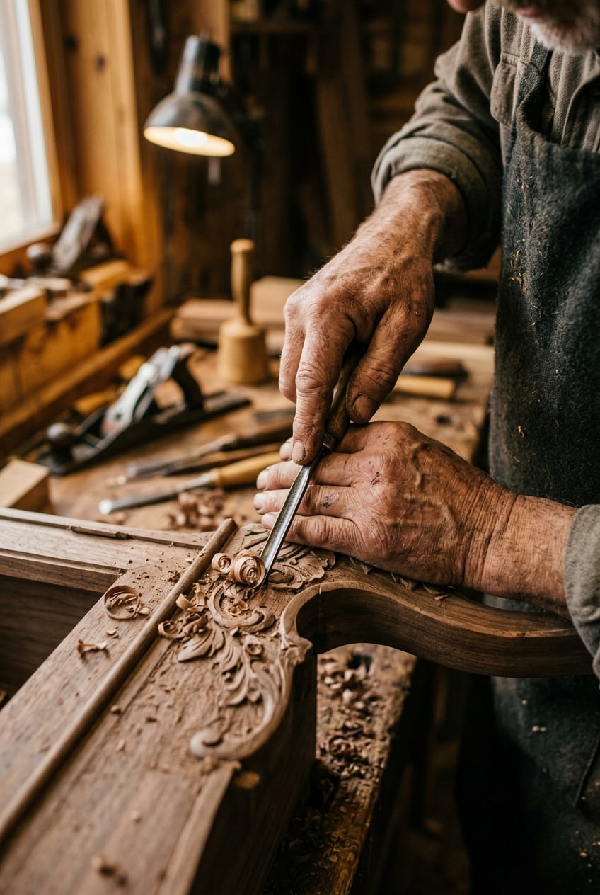 Close-up of a craftsman's hands carefully carving intricate details into hardwood
