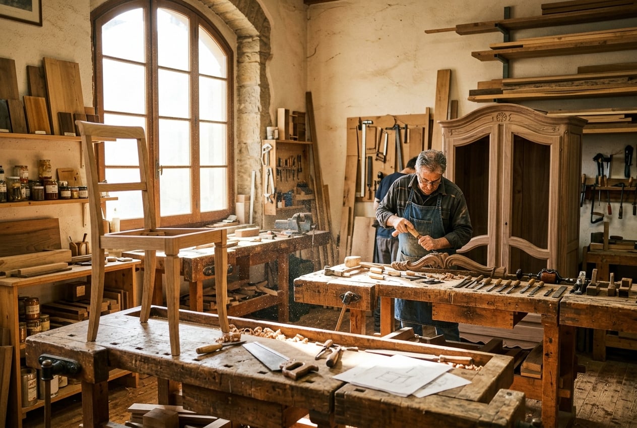 Italian furniture workshop with natural sunlight, woodworking tools and elegant prototypes