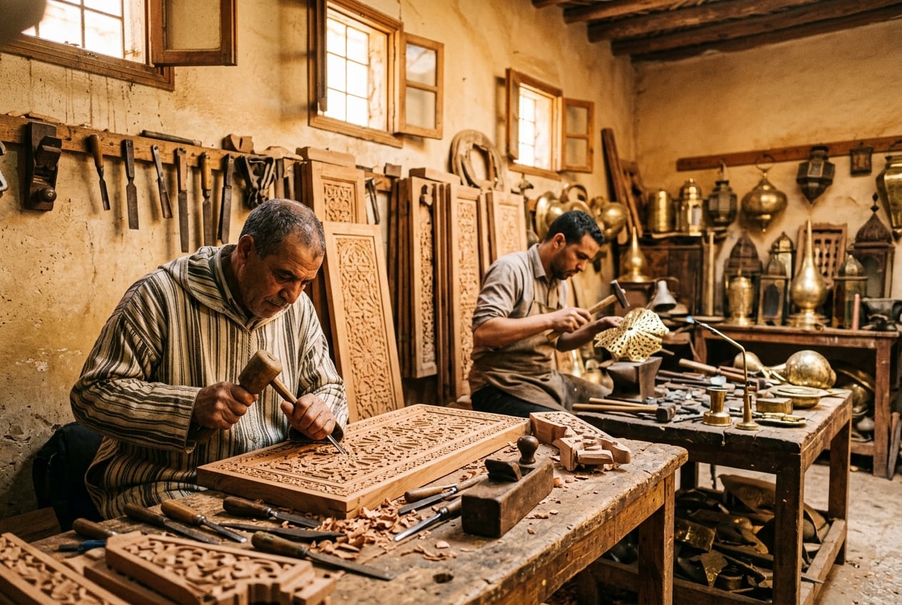 Artisan wood carving workshop in Morocco with traditional metalwork and craft tools