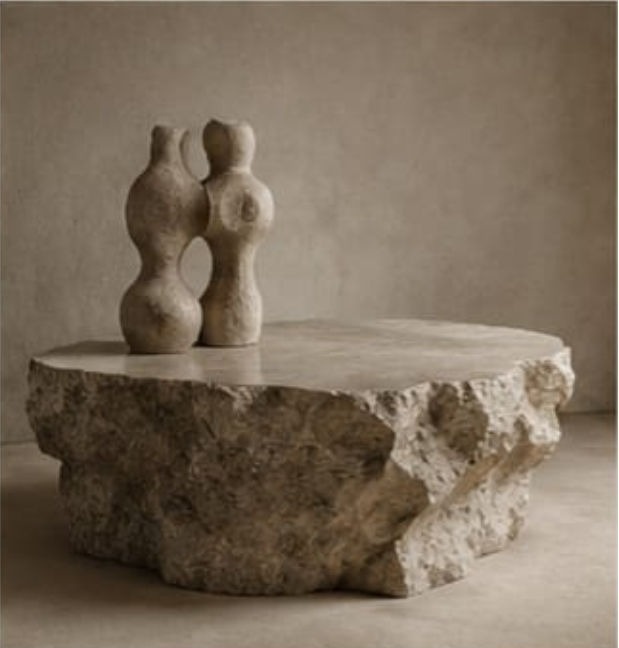 Sculptural stone coffee table with ceramic art pieces