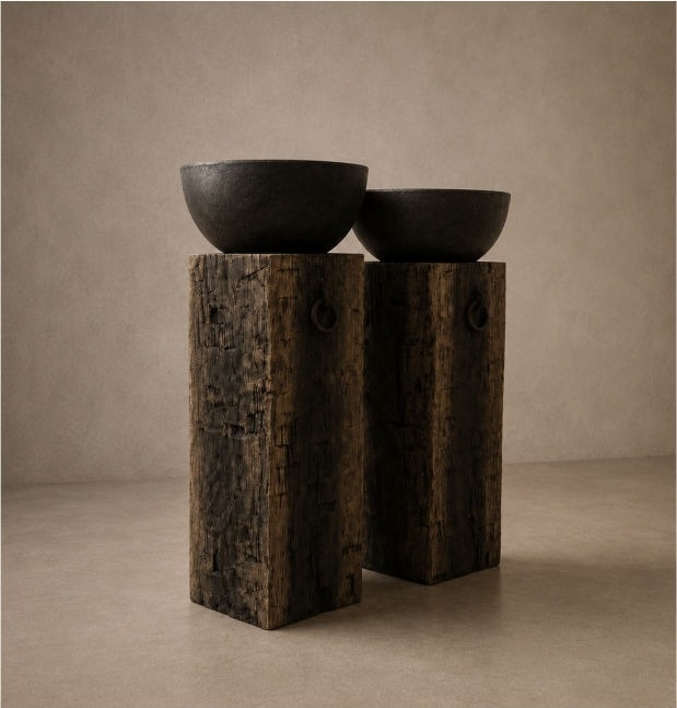 Two wooden pillars with handcrafted stone basin washbasins