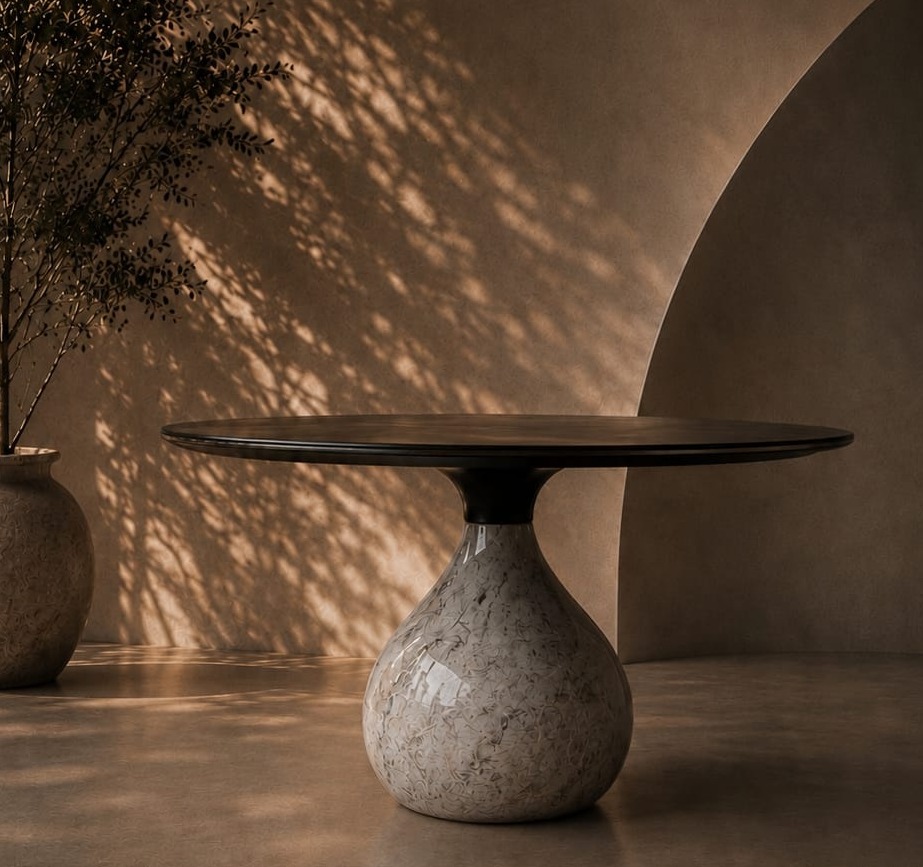 Ceramic pedestal table with stone and ceramic textures in warm ambient light