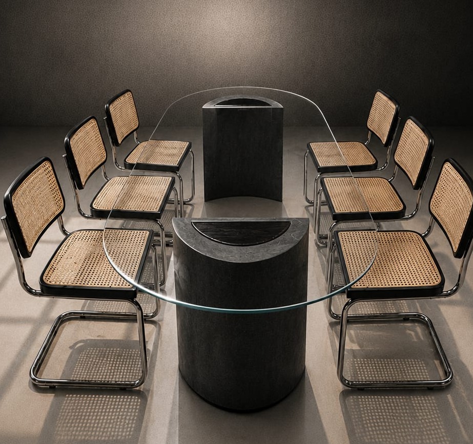 Glass dining table with cane chairs in dramatic spotlight