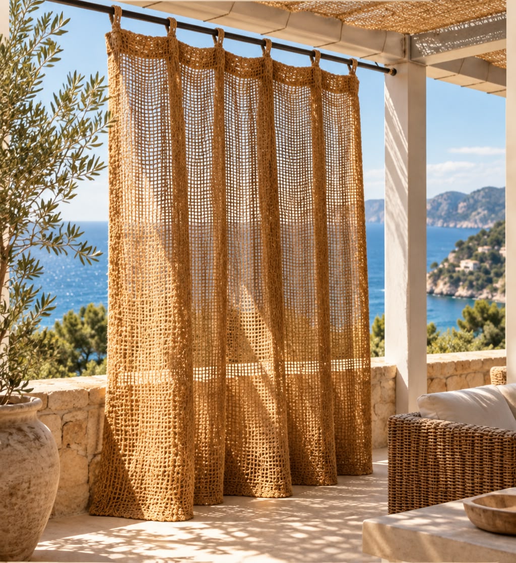 Rattan curtains flowing in Mediterranean terrace breeze