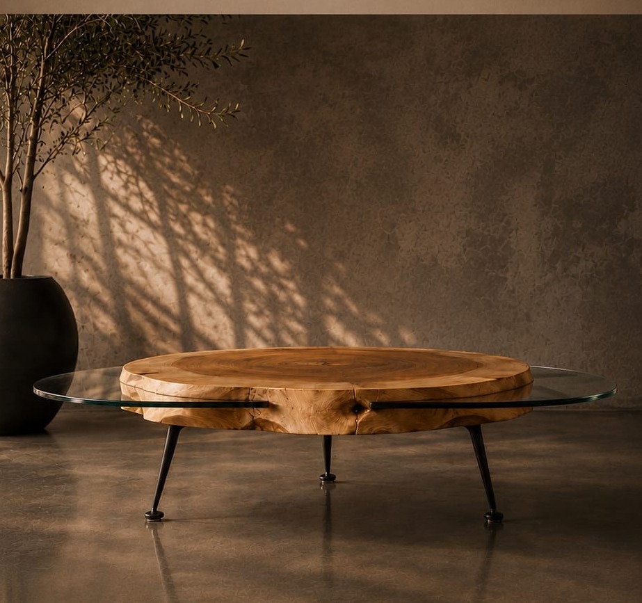 Solid timber coffee table with glass top in moody ambient light